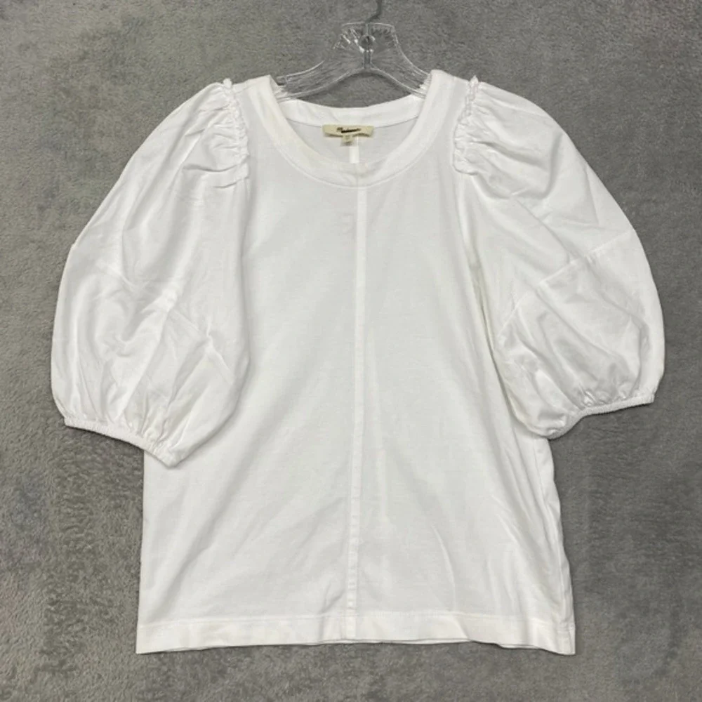 Madewel Womens Top Extra Small White Puff Sleeve Casual T Shirt Round Neck NT331